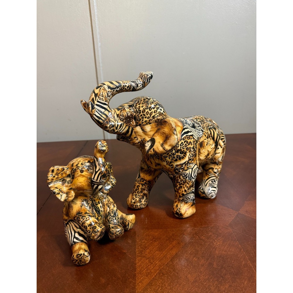 Safari Animal Print‎ Elephant Figurines Set Resin Leopard Zebra Decor 2 Pieces